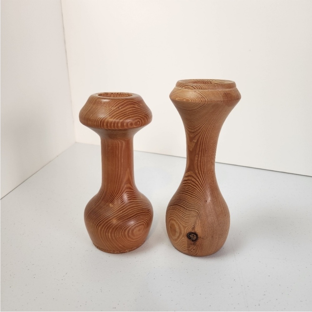 Vintage Scandinavian Candle Holders Wood Asymmetrical Wooden Home Decor 1970s